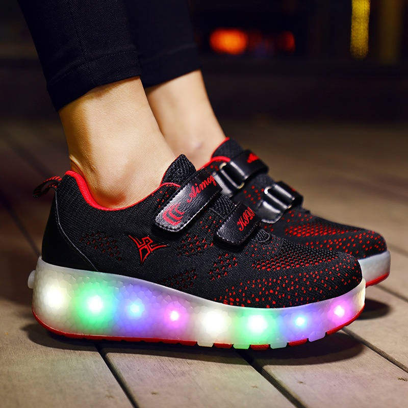 Kids LED Roller Shoes with Double Wheel for Childrens Birthday Gift-159 Black Red
