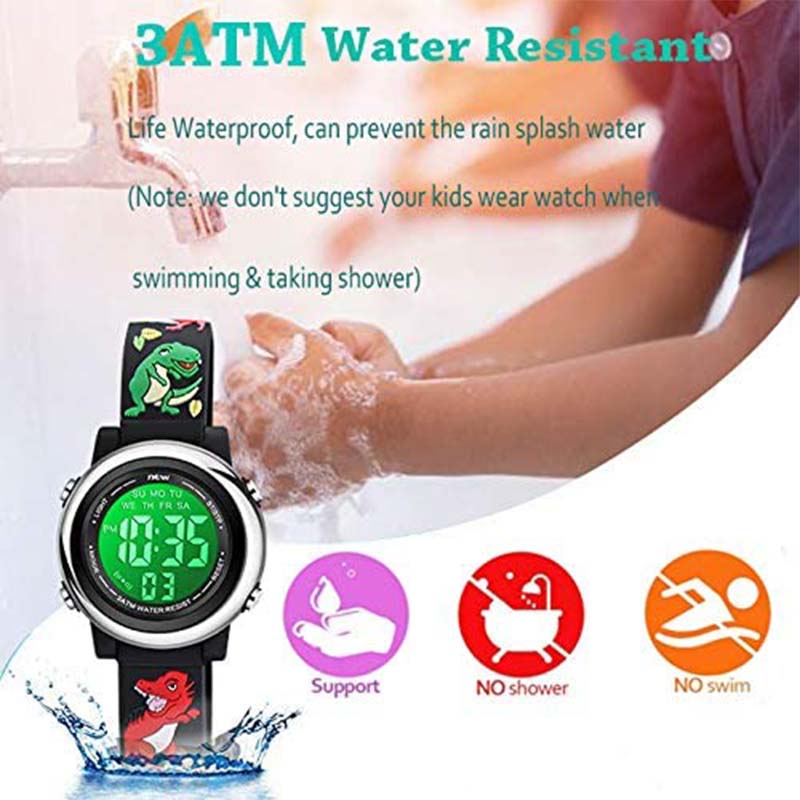 Kids Watchs 3D Cartoon Dinosaur Pattern Waterproof Silicone 7 Color Lights Watch-Black