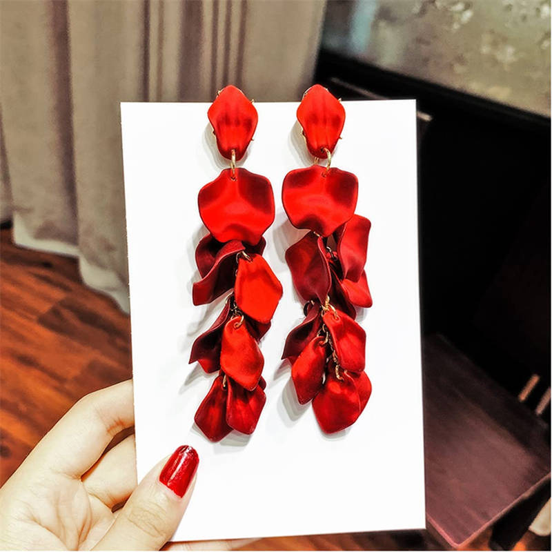 Long Drop Rose Petal Earrings for Women and Girls-Red