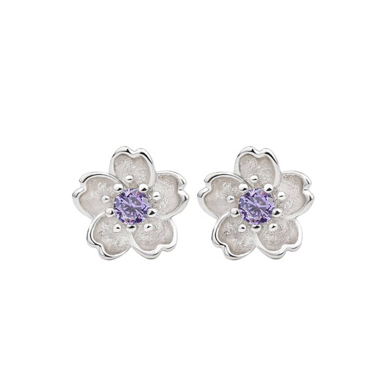 Flower Cubic-zirconia Stud Earrings for Women-Purple