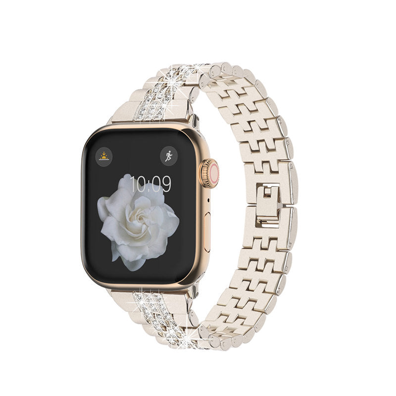 Metal Watchband with Rhinestone Adjustable for iWatch Series SE 7 6 5 4 3 2 1-Starlight Color