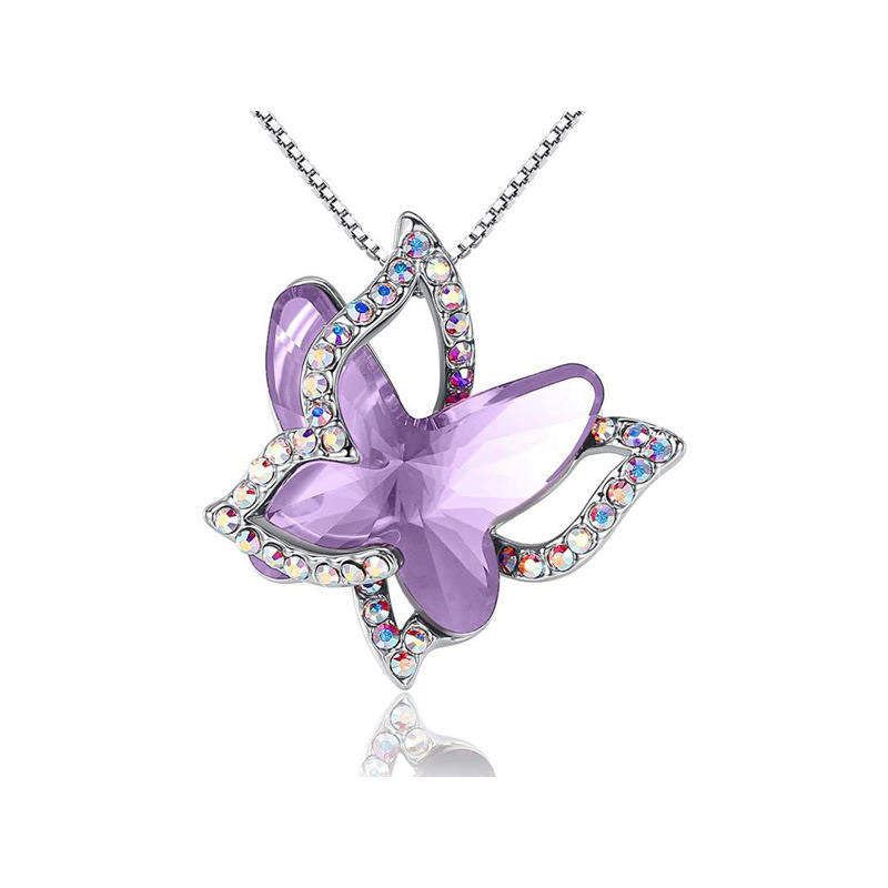 Butterfly Birthstone Crystal Pendant Necklace Gifts for Women Girls-LightPurple