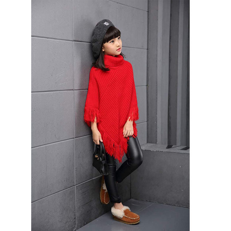 Girls Fall Loose Knitted Pullover Sweaters Poncho Tassel Turtleneck Cloak Cape-Red