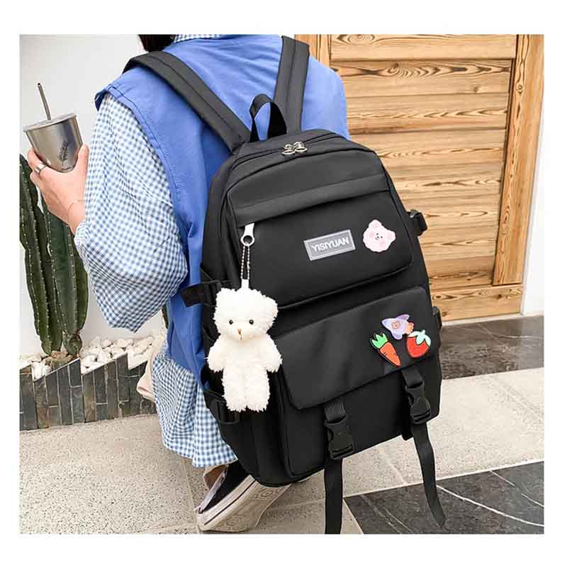 5Pcs Kawaii Backpack Set with Pendants Pins for School Teens-Black