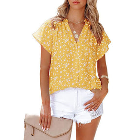 Womens V Neck Printed Shirts Lightweight Chiffon Blouse-Yellow