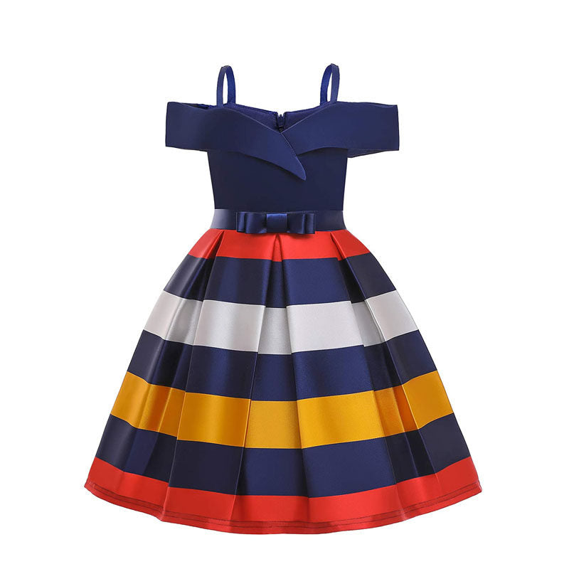 Flower Girls Elegant Dresses Toddler Wedding Pageant Off Shoulder Stripe Dress-Blue