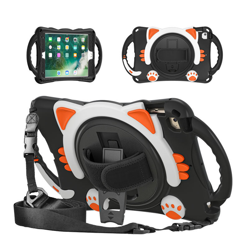 CatA iPad Silicone Case For iPad Mini 5 4 3 2 1 Built-in Handle Stand With a Strap-Black Orange