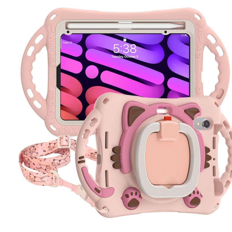 CatB Silicone Case For iPad Mini 6 Shockproof Shoulder Strap Handle Stand-Pink