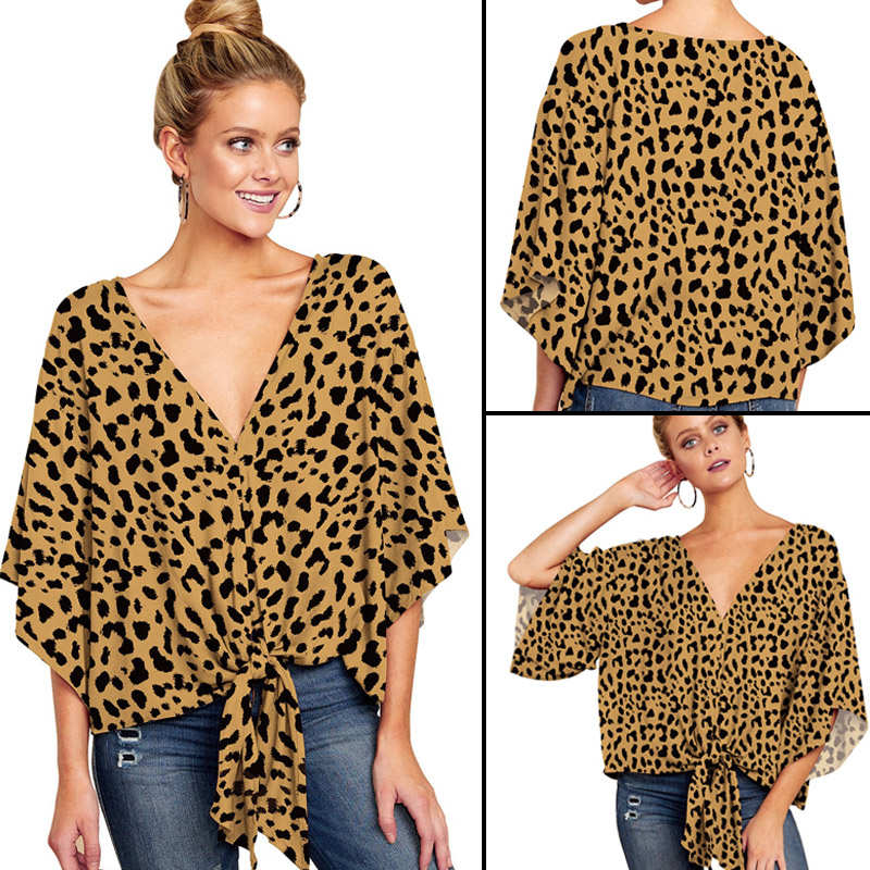 Boho Womens Blouse V Neck Tie Knot 3/4 Sleeve Summer Casual Tops-Leopard3