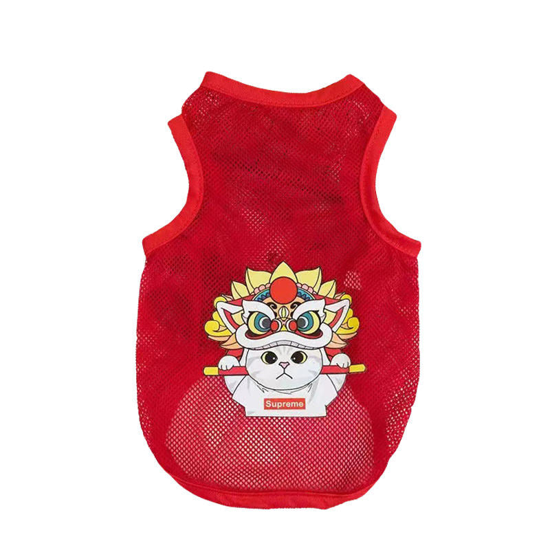 Dog Shirt Puppy Breathable Printed Mesh Clothes Vest T-Shirt Costume-LionDance