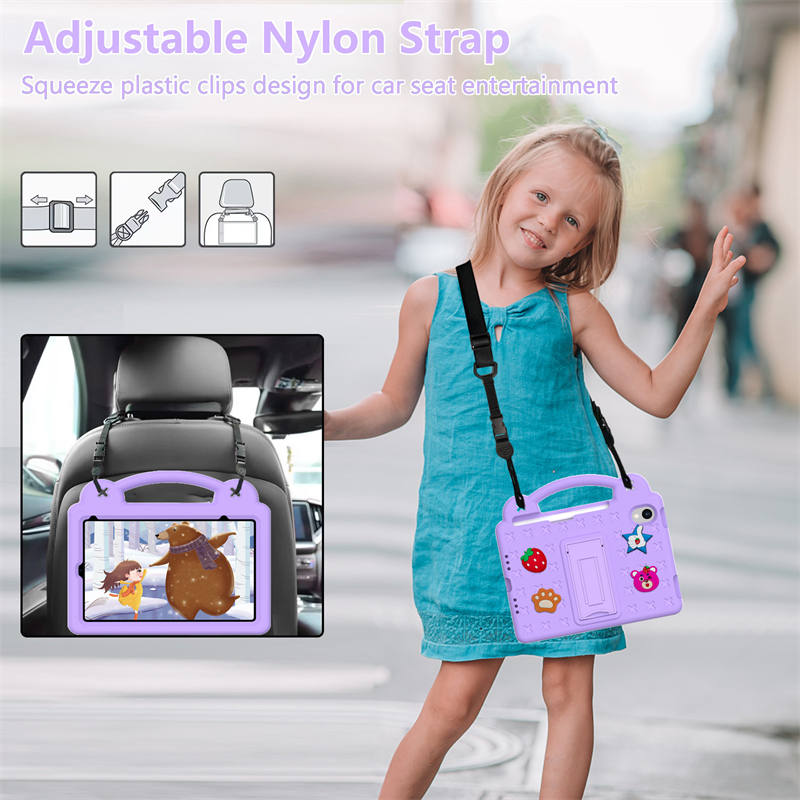 Strawberry iPad Mini 6 Case 8.3 Inch Shockproof Cover with Handle Band Shoulder Strap-LightPurple