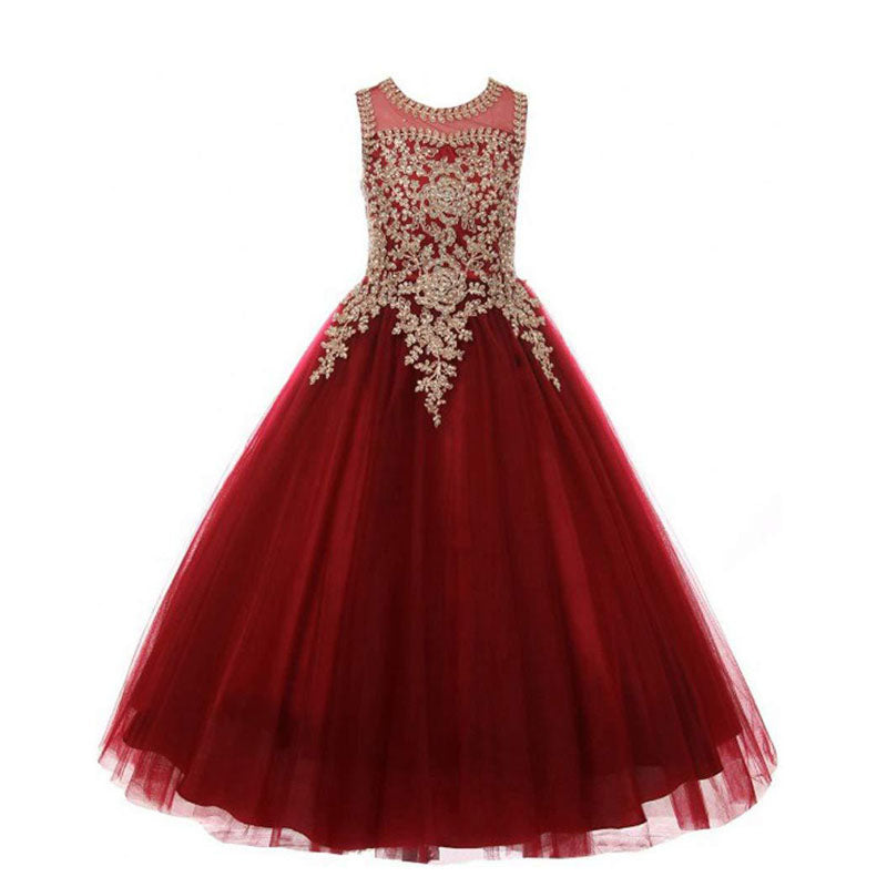 Little Girls Long Pageant Dresses Prom Ball Gown Gold Lace Tulle Dress-Red