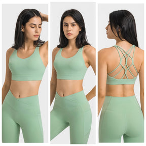 Strappy Sports Bra Breathable Wirefree Crop Basic Tops for Running-Green