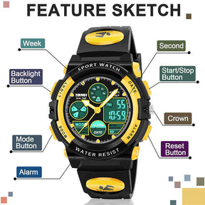 LED Multi Function Sports Waterproof Watch for Kids-Yellow