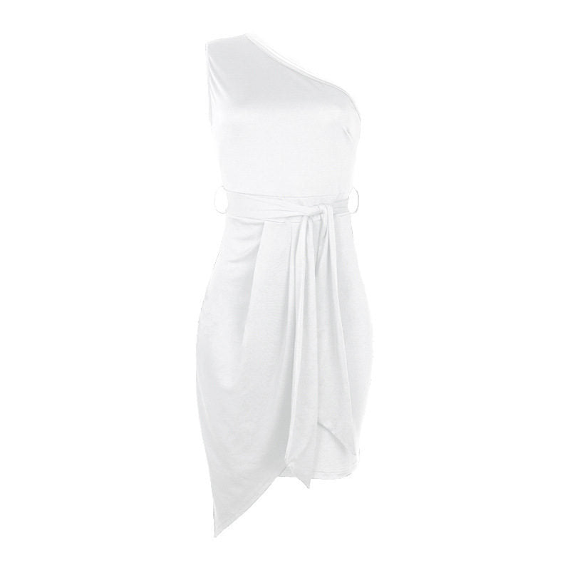 Solid Color Sleeveless Sloping Shoulder Strap Party Cocktail Dress-White