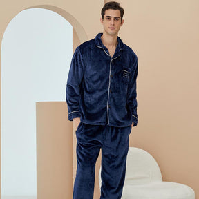 Thicken Warm Flannel Pajamas Set Homewear-Navy Blue