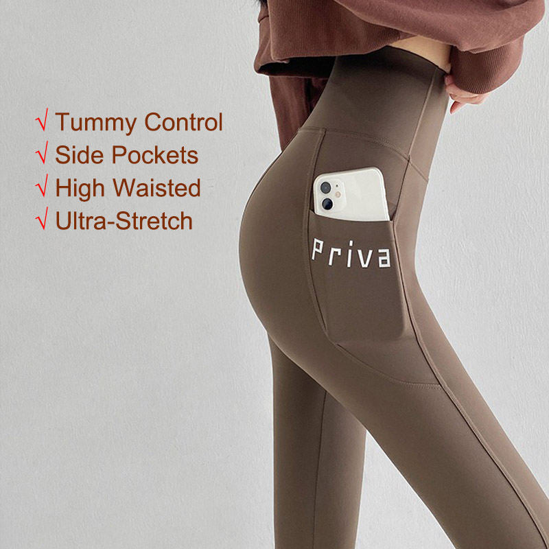 Womens Leggings High Waisted with Pockets Yoga Pants for Spring Fall-Coffee