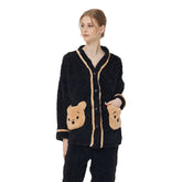 Womens V Neck Buttons Cardigan Pajamas Set-Yellow Bear