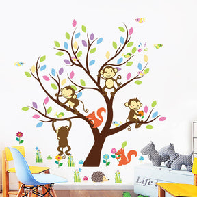 Removable Creative Brown Tree Cartoon Monkey Squirrel Home Art Decor Wall Stickers for Kids Room