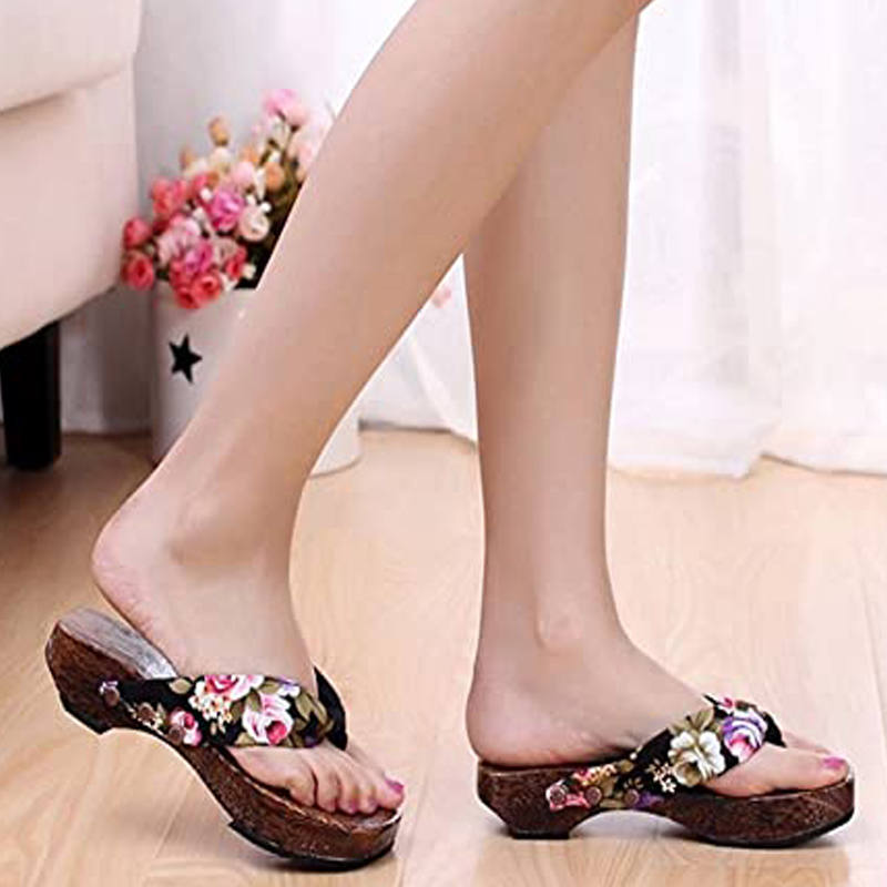 Womans Japanese Traditional Slip On Clogs Flip Flop Sandals-Black