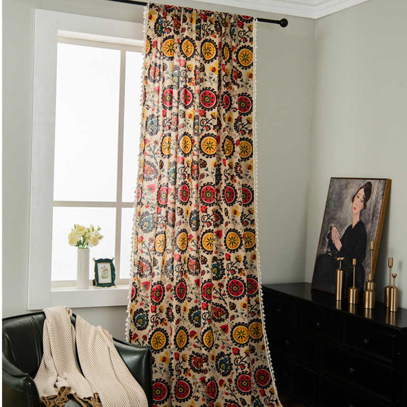 2 Panels Sunflower Pattern Semi-Blackout Window Curtains with Tassels Rod Pocket Design