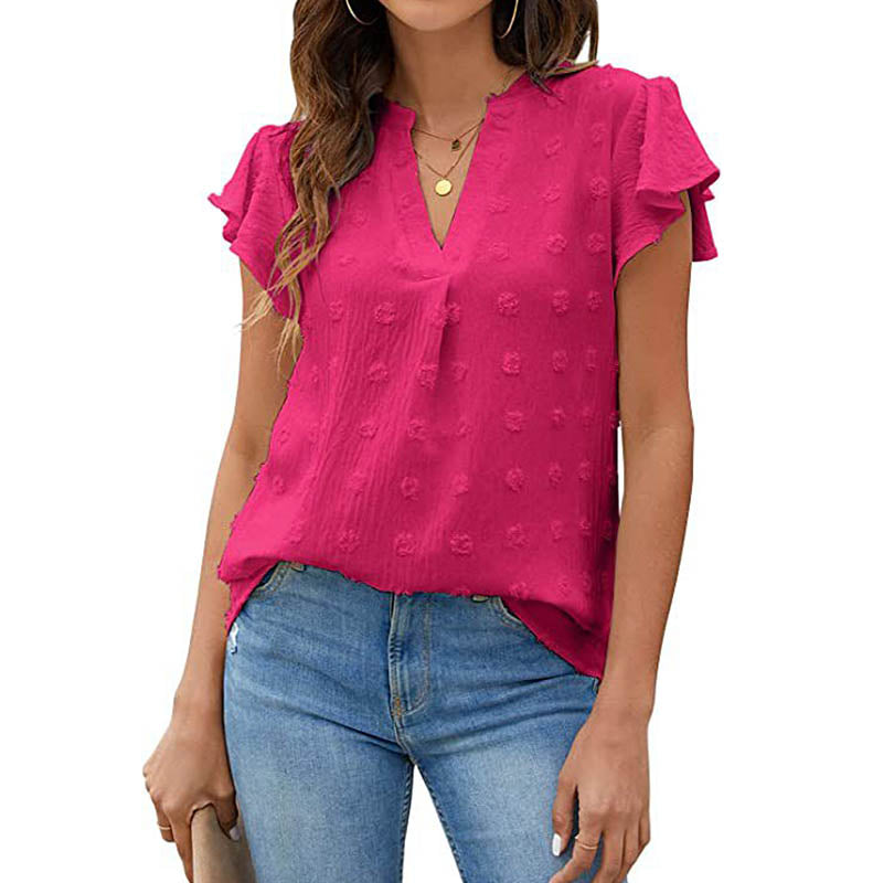 Womens Ruffle Shirts V Neck Short Sleeve Pom Chiffon Blouses Tops-Rose Red