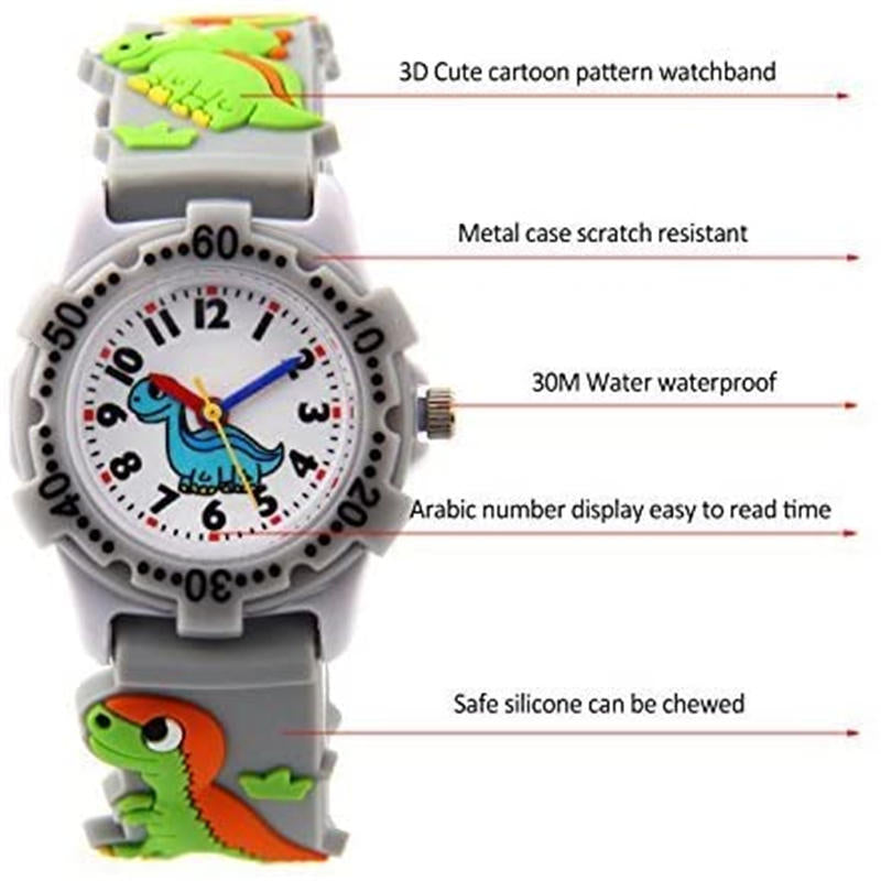 Kids Watch 3D Cute Dinosaur Waterproof Watches-Gray