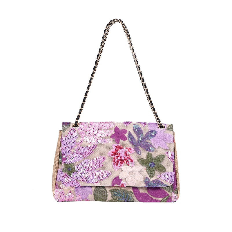 Women Fashion Crossbody Embroidery Shoulder Bag with Chain for Vacation-Purple