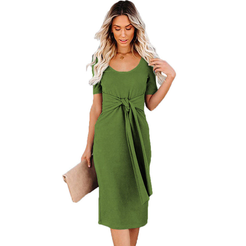 Womens Elastic Cocktail Party Elegant Dress Body Dress With Belt-Green