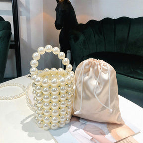 Beaded Handbag for Women White Pearl Decoration Evening Bags with Detachable Chain Inner Bag