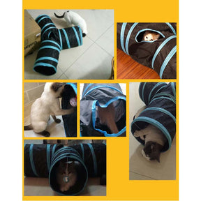 Pet Tunnel Tube Cat Toys 3 Way Extensible Collapsible for Indoor Cats Interactive Toy-Blue