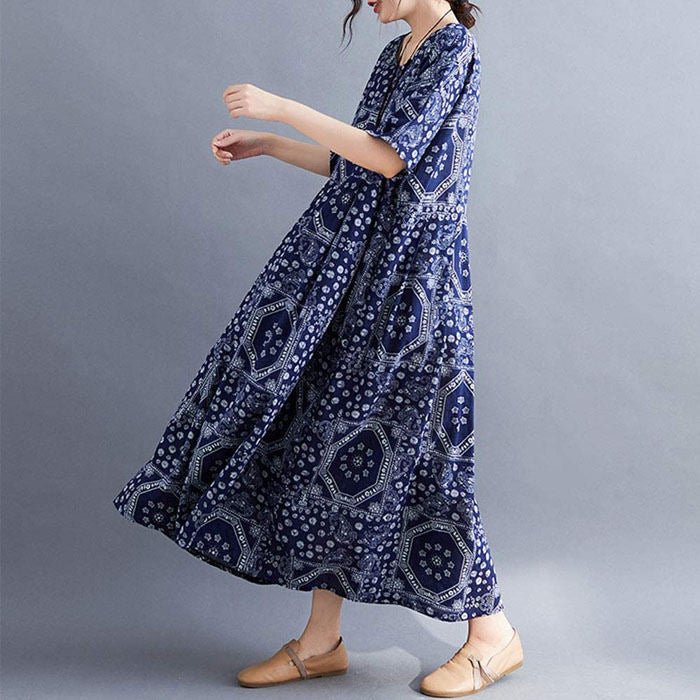 Casual Cotton Dress Women Linen Print Spliced Round Neck Literature And Art Maxi Dress