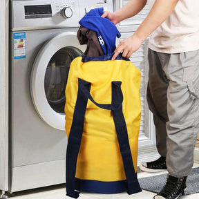 Backpack Laundry Bag With Shoulder Straps And Mesh Pocket Durable Nylon Clothes Bag for College Travel Laundromat -Yellow