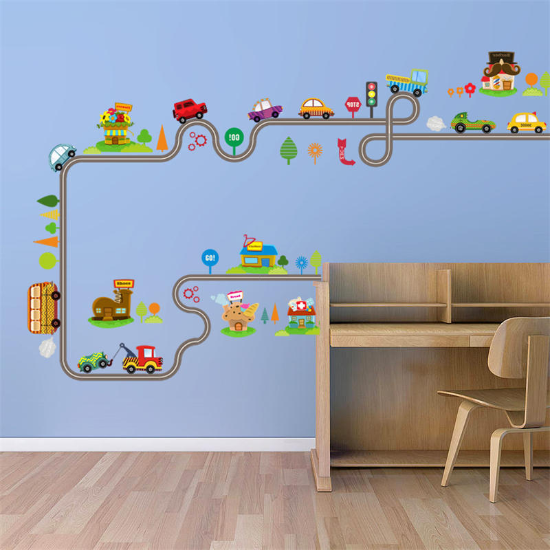Removable Cute Cartoon Kids Room Wall Decal City Car Circled Curved Road Wall Stickers-083
