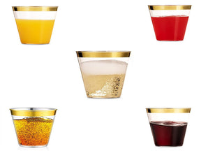 100Pcs Gold Plastic Cups 9 Oz Clear Plastic Cups Fancy Disposable Wedding Cups Elegant Party Cups with Silver Rim