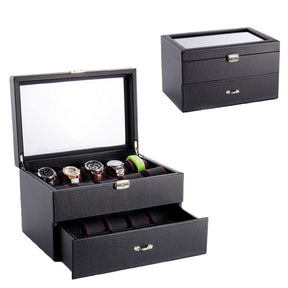 Watch Organizer Box with Drawer Display Case For Men Carbon Fiber Faux Leather Design