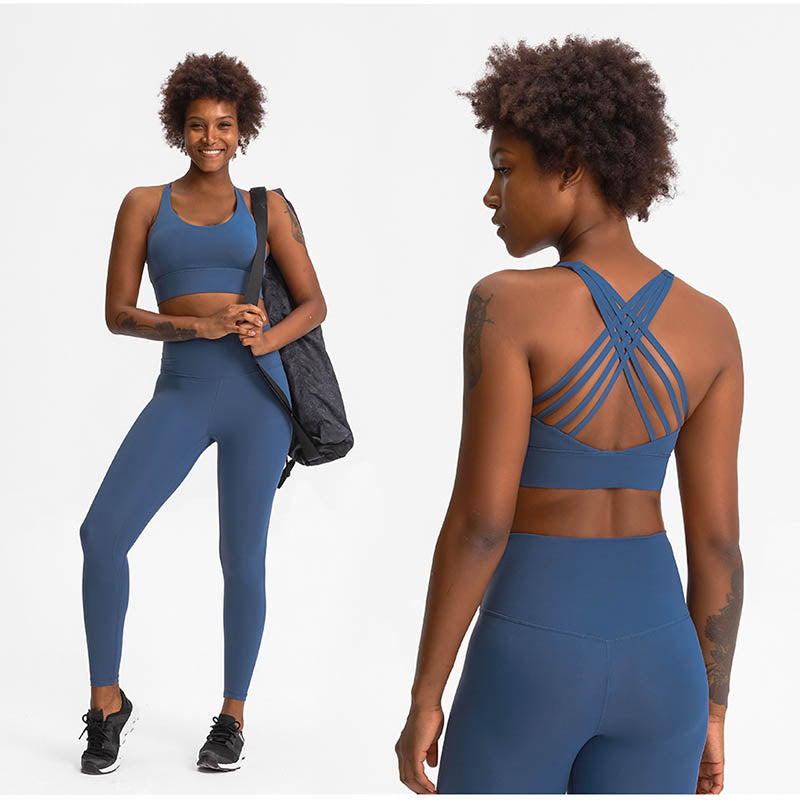 High Support Sports Bras Breathable Strappy Crisscross Back Tops-Blue