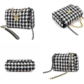 PU Leather Houndstooth Ladies Shoulder Bag Fashion Woolen Cloth Crossbody Bag-Black