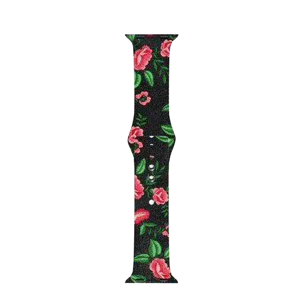 Color Printing Silicone Watch Band For Apple Watch SE/6/5/4/3/2/1(Black Red Fower)