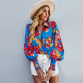 Printed Blouses for Women Button Down Long Sleeve Shirts Loose Fit Tops-Blue