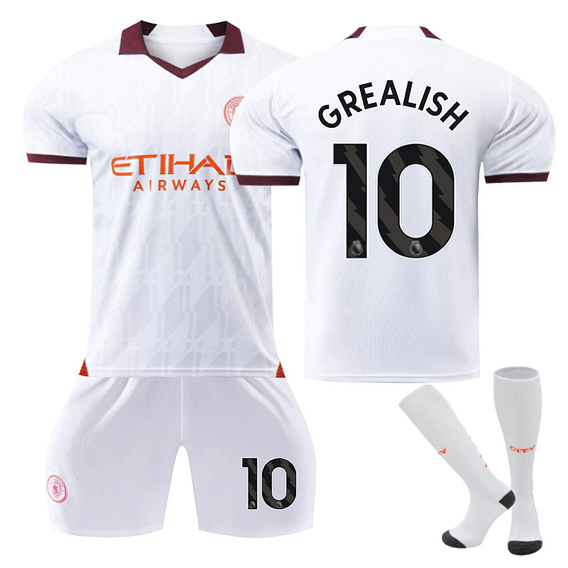 Manchester City Away Jersey GREALISH #10 Soccer Jersey Kids Adult 3Pcs Jersey Kits-White