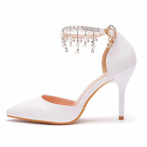 Pointed Toe High Heel Pearl Ankle Strap Wedding Dress Pump-White