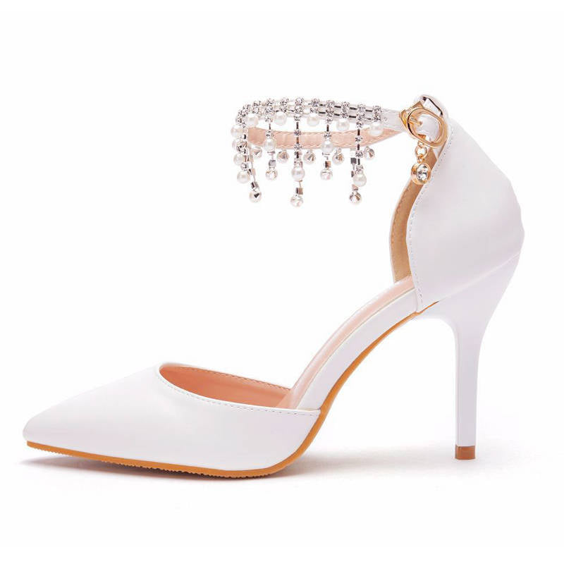 Pointed Toe High Heel Pearl Ankle Strap Wedding Dress Pump-White