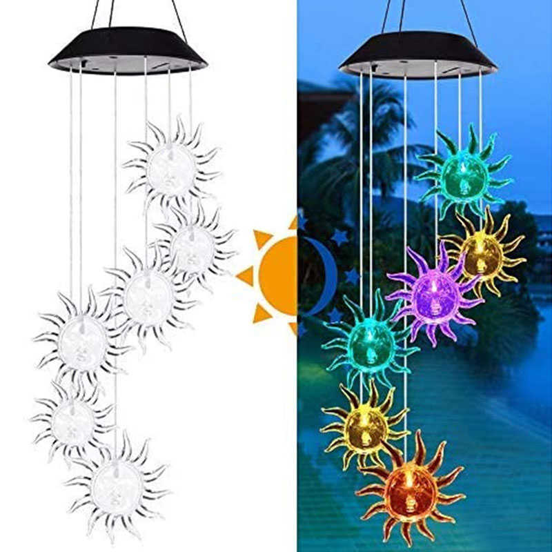 Sun Solar Wind Chimes Colors Changing Light for Garden Terrace-Black