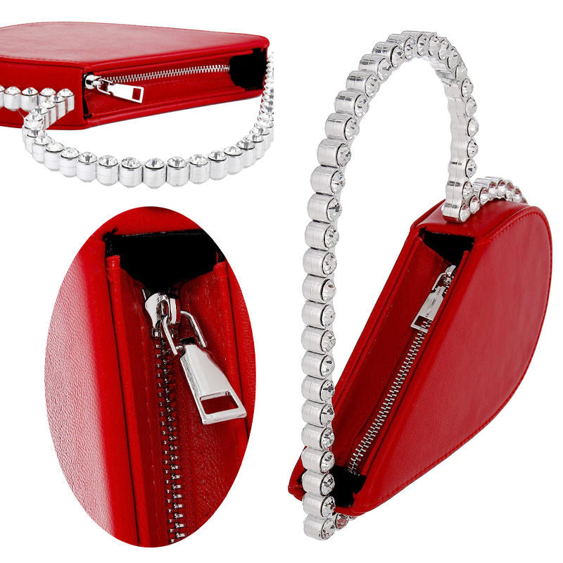 Womens Evening HandBag Heart Shape Rhinestone Clutch Purse-Red