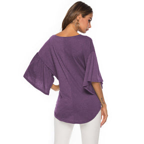 Womens Summer Ruffle Sleeve V-Neck T-Shirt Knot Tops-Purple