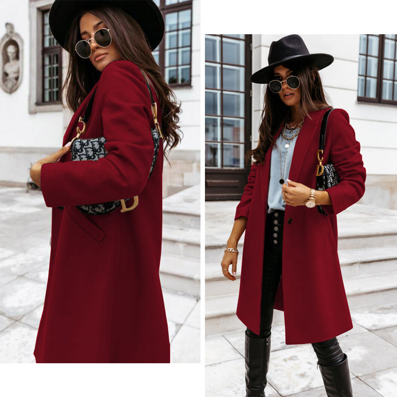 Elegant Womens Coat Lapel Solid Button Down Warm Long Outwear-WineRed