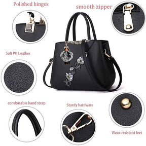 Embroidered Women Top Handle Satchel Fashion Shoulder Bags with Hairball-Black