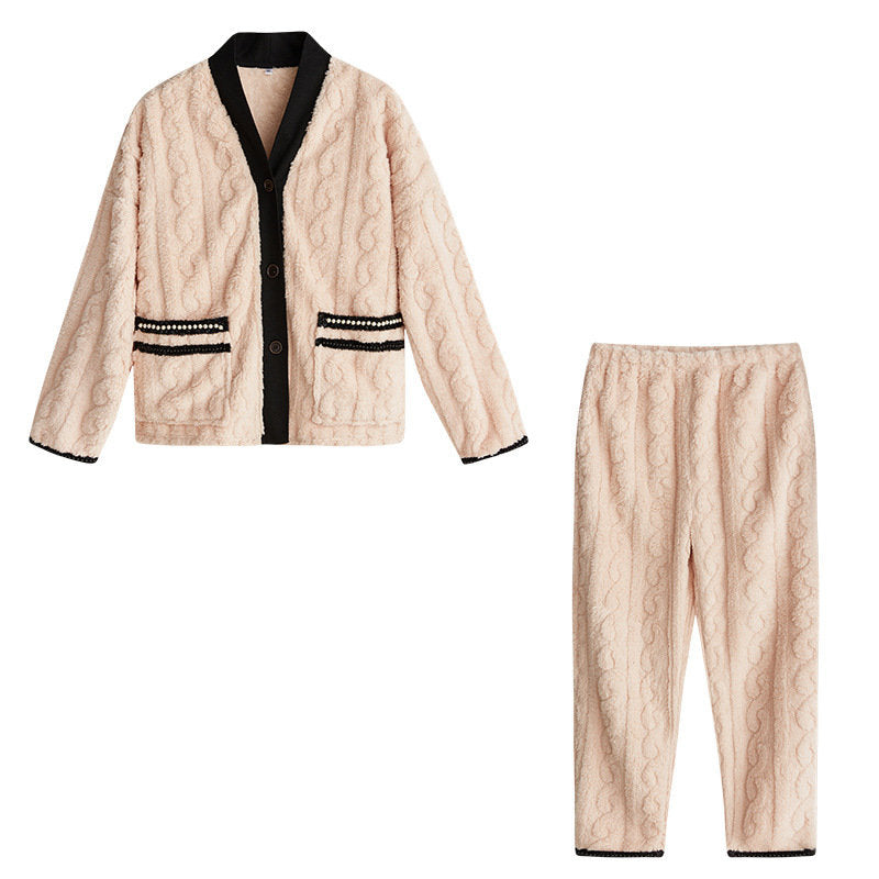 Women's Fleece Fashion Cardigan Pajama Set-Beige