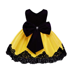 2-6T Little Girl Bowknot Lace Dress Party Wedding Dresses with Headwear-Yellow